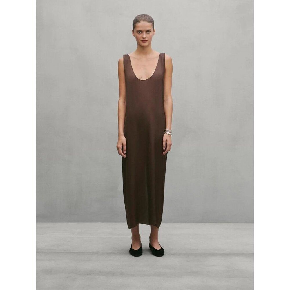 Massimo Dutti Womens Midi Dress S Small Brown Round Neck Sleeveless 9223/952 NWT